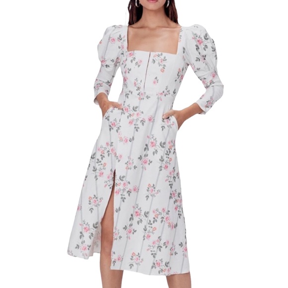 For Love & Lemons x Free People XS 0/2 Ivory Pink Floral Stripe Puff Sleeve Midi - Picture 15 of 15